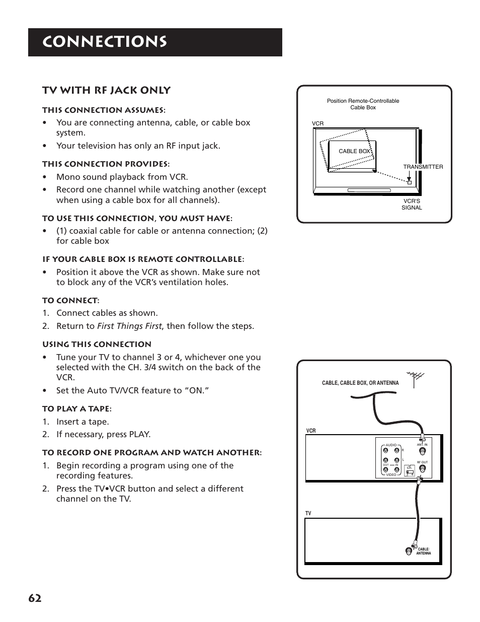 Tv with rf jack only, Connections | RCA VR704HF User Manual | Page 64 / 88