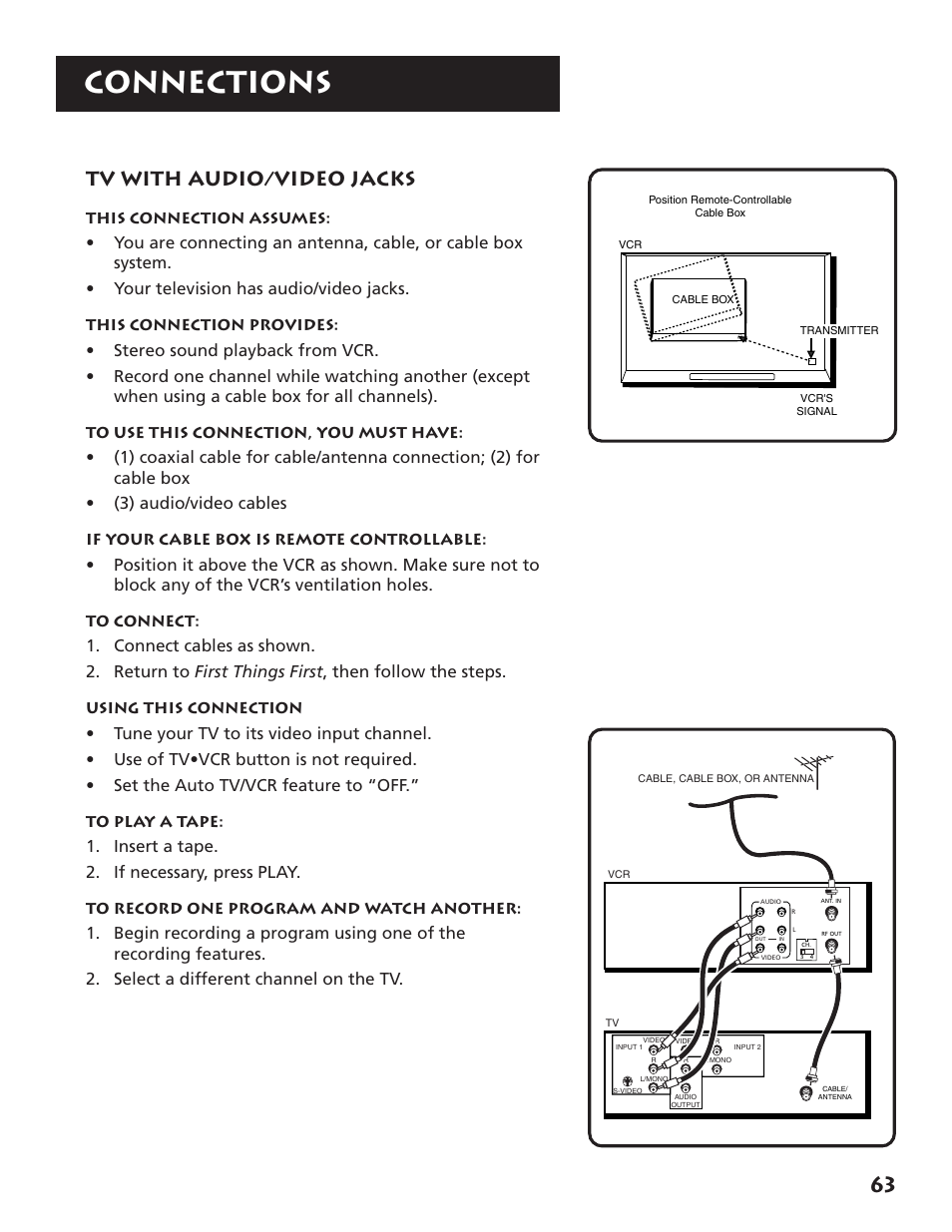 Tv with a/v jacks, Connections, Tv with audio/video jacks | Insert a tape. 2. if necessary, press play | RCA VR704HF User Manual | Page 65 / 88