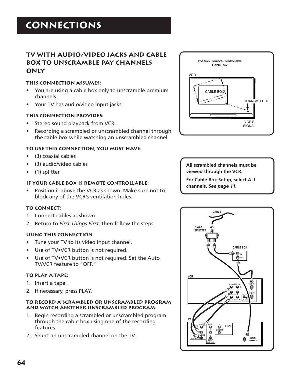 Tv with a/v jacks and cable box, Connections, Insert a tape. 2. if necessary, press play | RCA VR704HF User Manual | Page 66 / 88