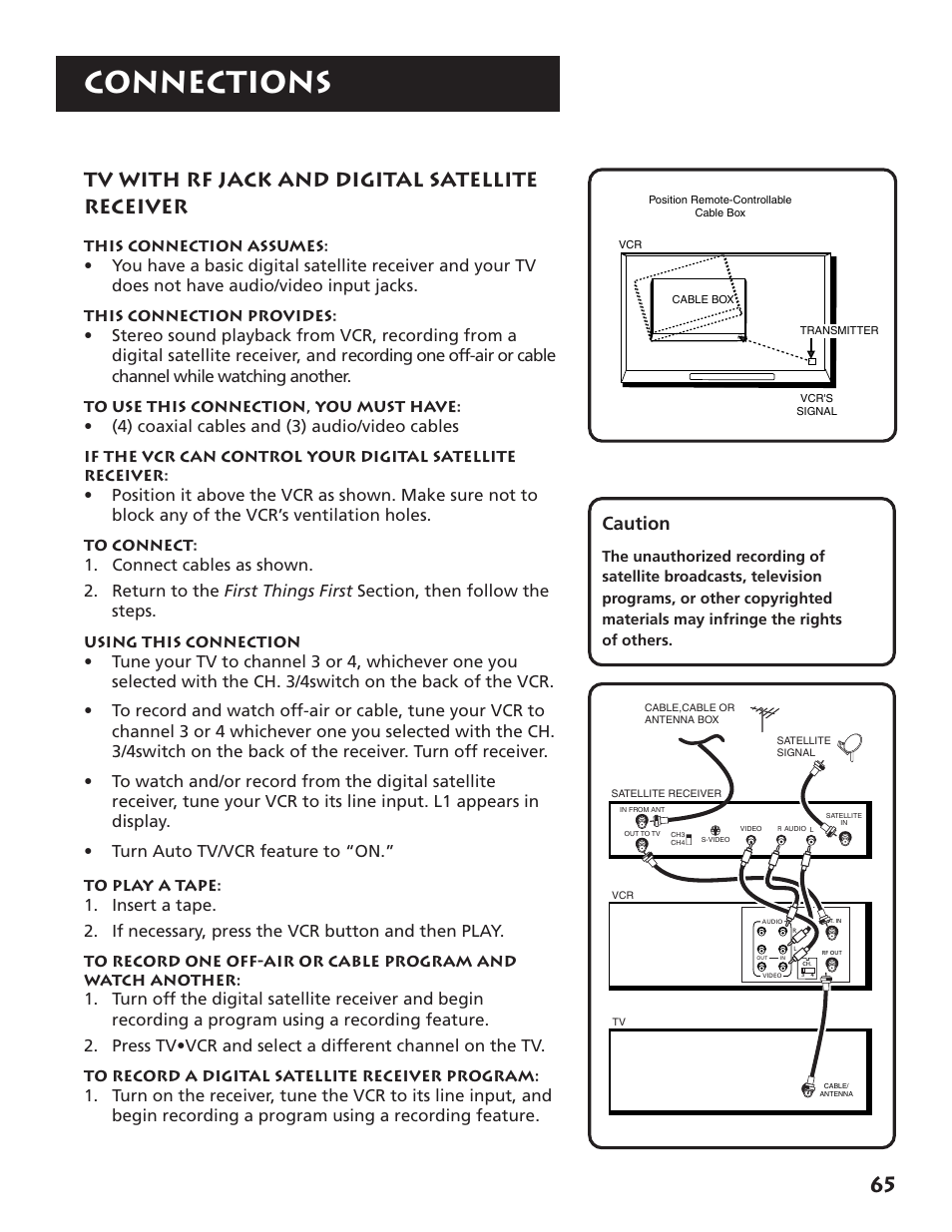 Tv with rf jack and satellite receiver, Connections, Tv with rf jack and digital satellite receiver | Caution, 4) coaxial cables and (3) audio/video cables | RCA VR704HF User Manual | Page 67 / 88