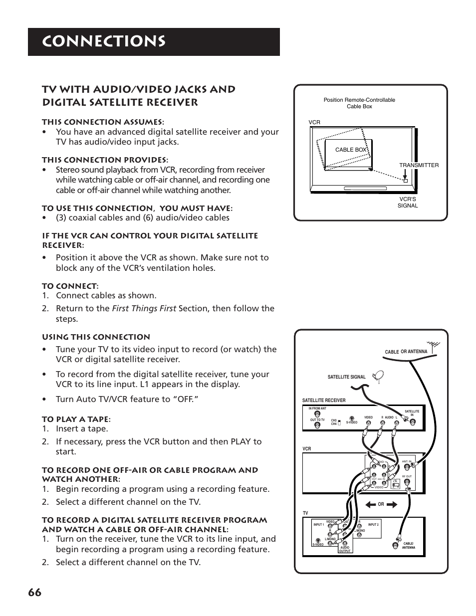 Tv with a/v jacks and satellite receiver, Connections, 3) coaxial cables and (6) audio/video cables | This connection assumes, This connection provides, Using this connection | RCA VR704HF User Manual | Page 68 / 88