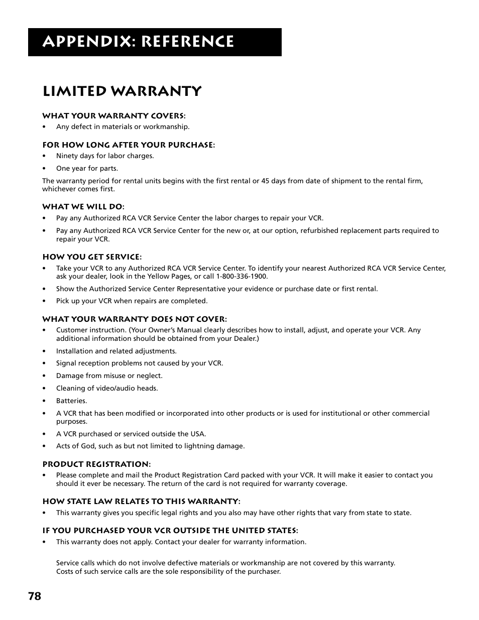 Limited warranty, Appendix: reference | RCA VR704HF User Manual | Page 80 / 88