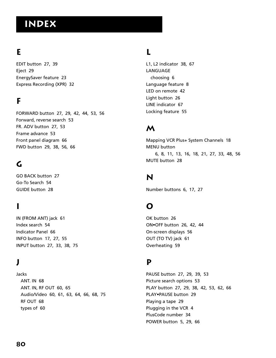 Index | RCA VR704HF User Manual | Page 82 / 88