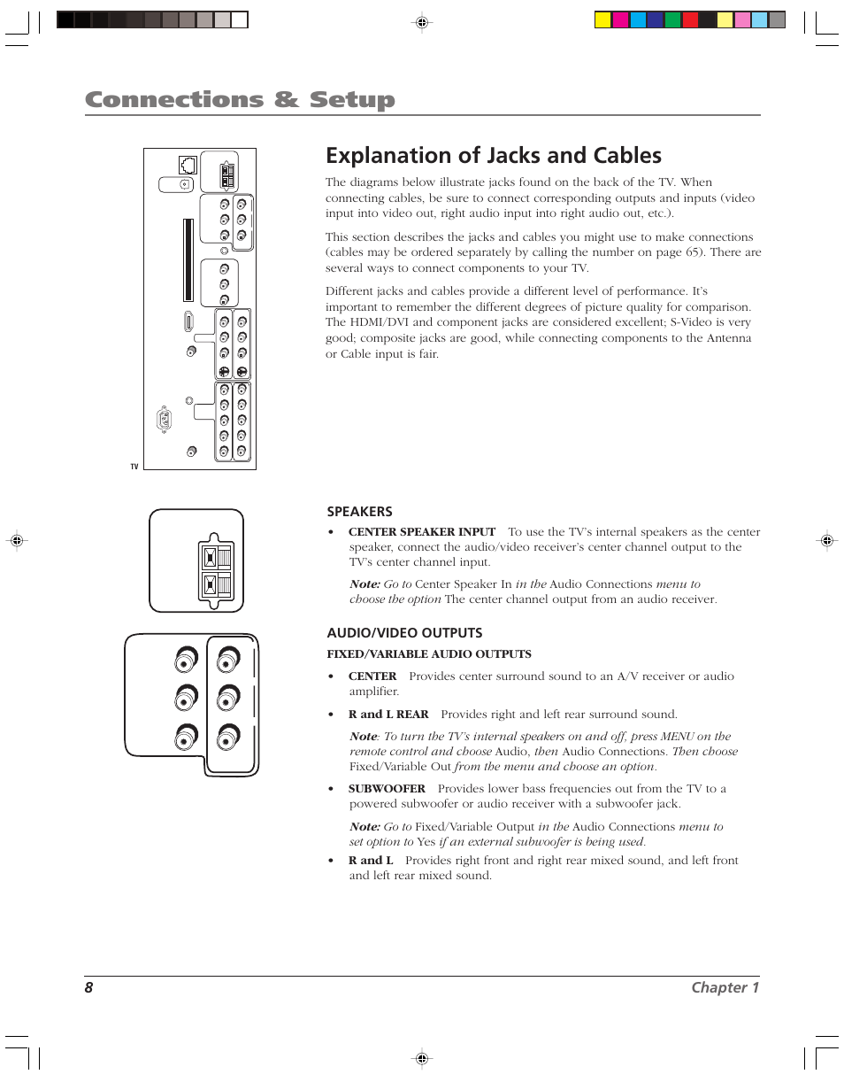 Connections & setup, Explanation of jacks and cables, 8chapter 1 | Speakers, Audio/video outputs | RCA HD52W58 User Manual | Page 10 / 80