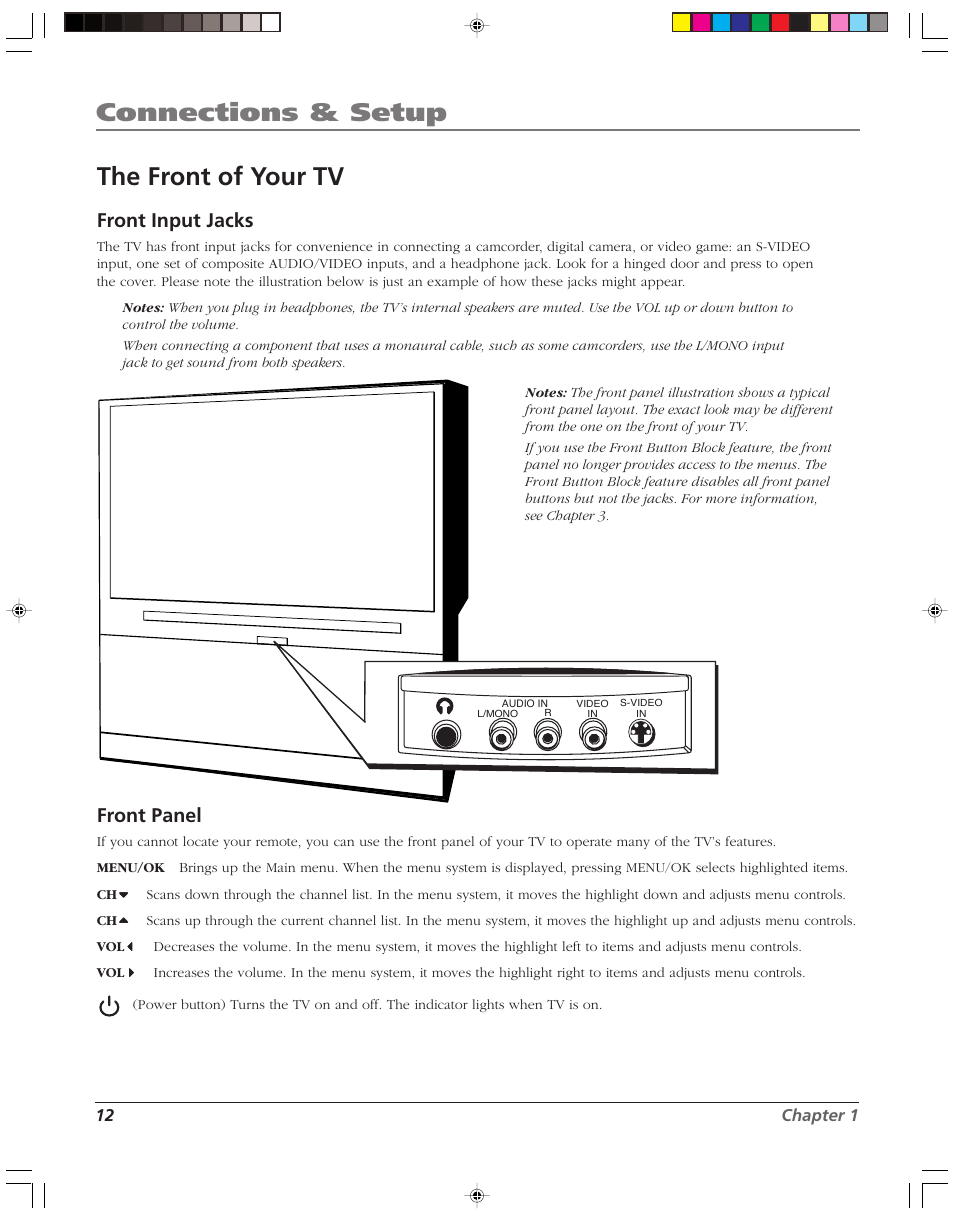 Connections & setup, The front of your tv, Front input jacks | Front panel | RCA HD52W58 User Manual | Page 14 / 80