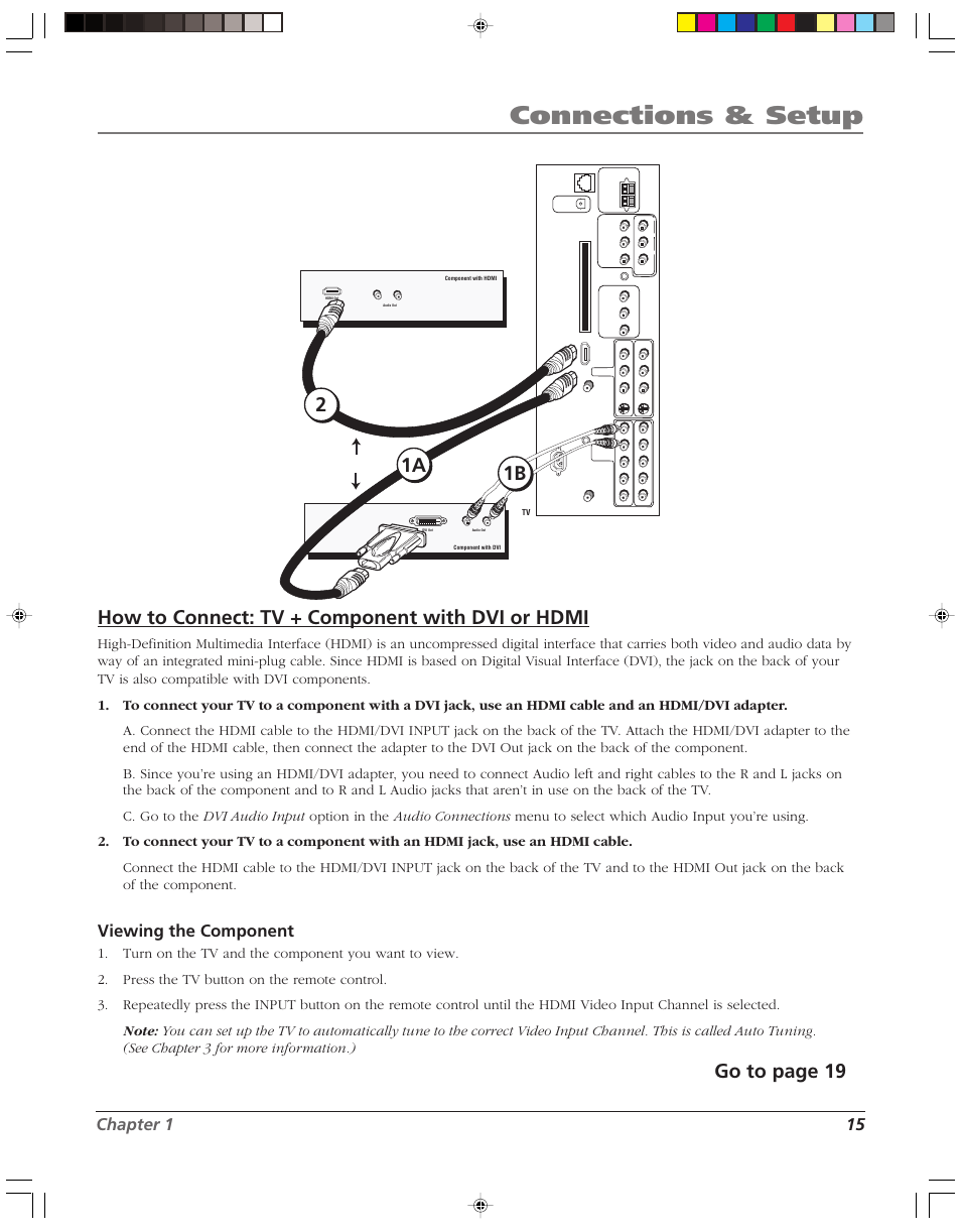 Connections & setup, How to connect: tv + component with dvi or hdmi, Go to page 19 | 1a 2 1b, Chapter 1 15, Viewing the component | RCA HD52W58 User Manual | Page 17 / 80