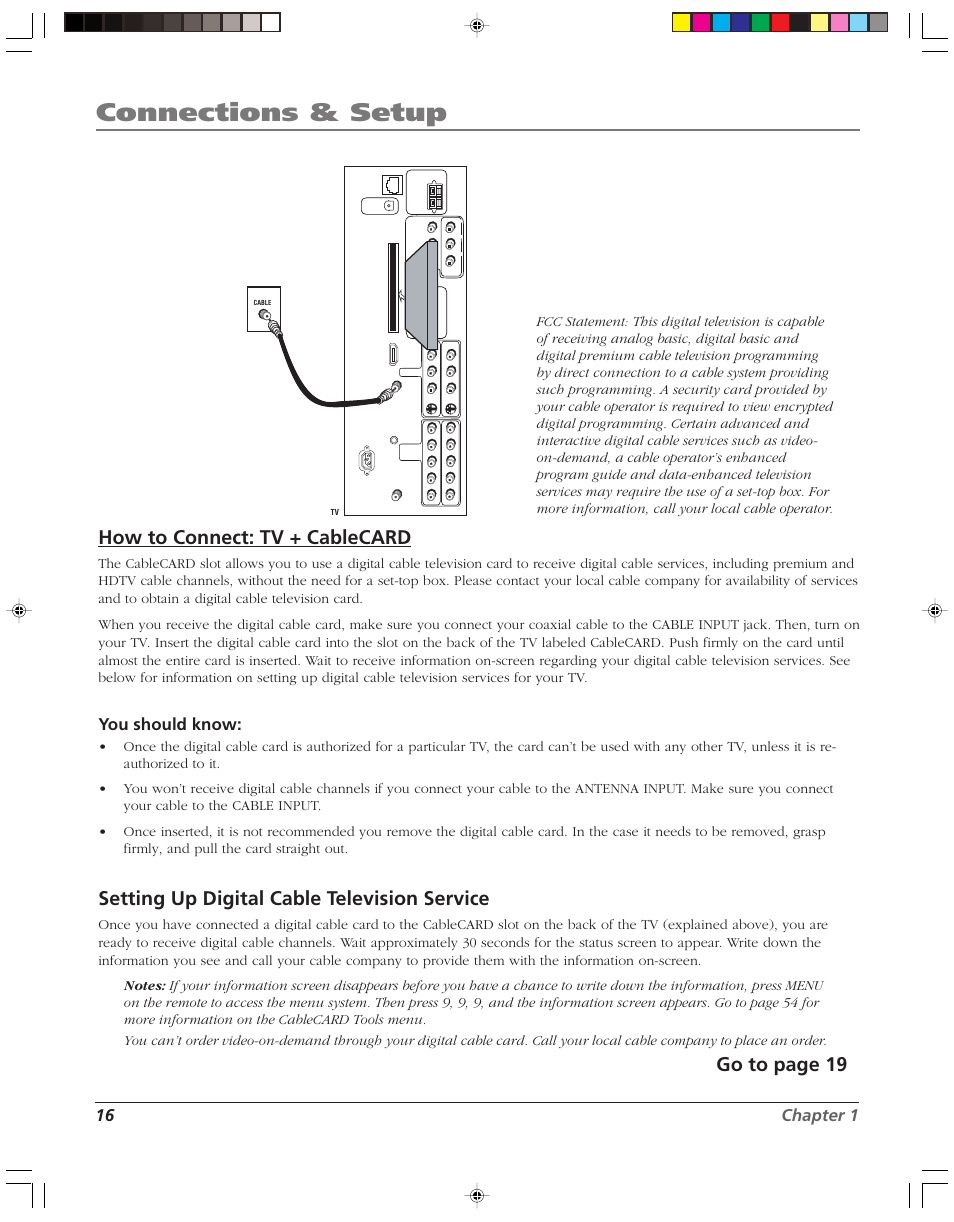 Connections & setup, How to connect: tv + cablecard, Setting up digital cable television service | Go to page 19, 16 chapter 1, You should know, Digital cable card | RCA HD52W58 User Manual | Page 18 / 80