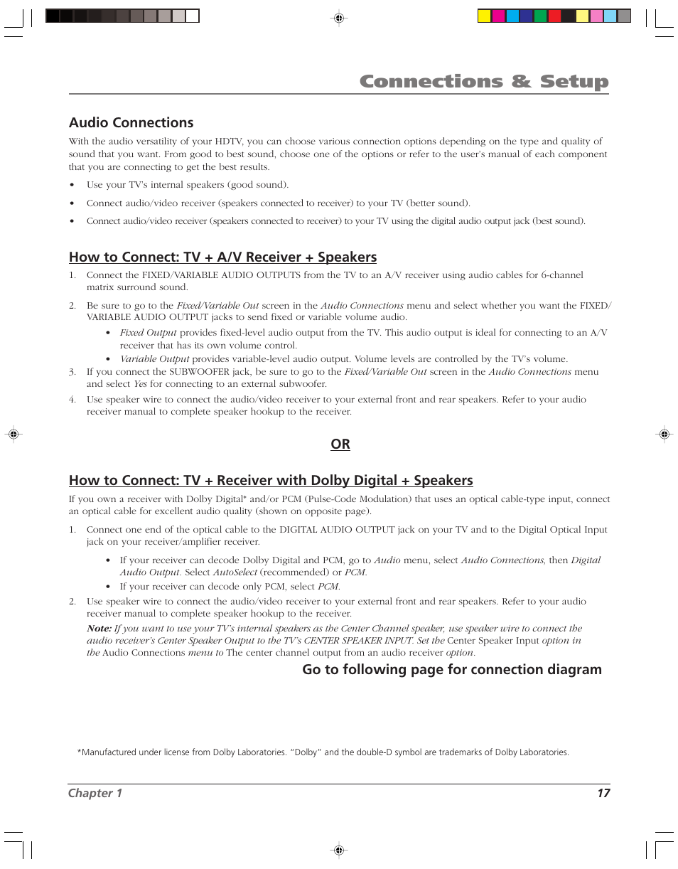 Connections & setup, Audio connections, How to connect: tv + a/v receiver + speakers | Go to following page for connection diagram | RCA HD52W58 User Manual | Page 19 / 80