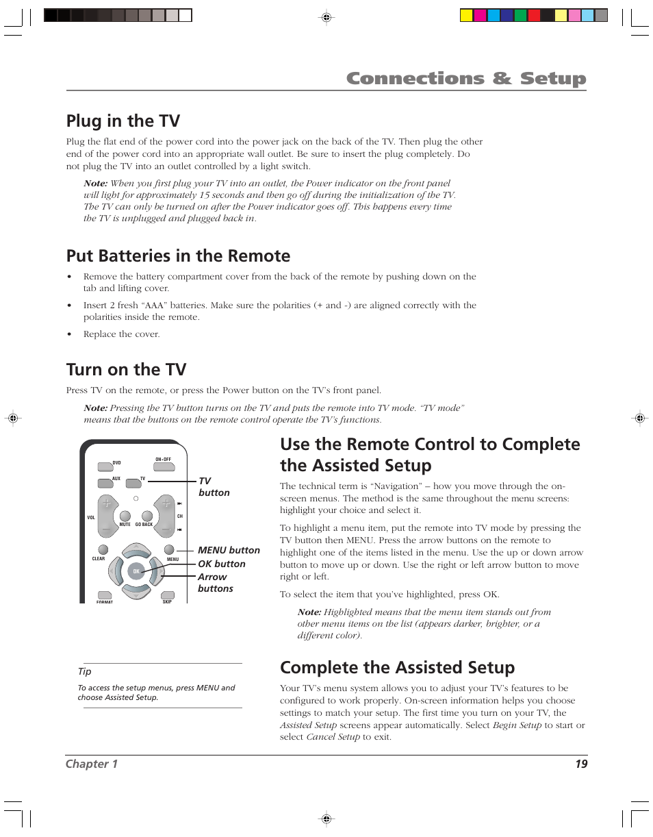 Connections & setup, Plug in the tv, Put batteries in the remote | Turn on the tv, Complete the assisted setup | RCA HD52W58 User Manual | Page 21 / 80