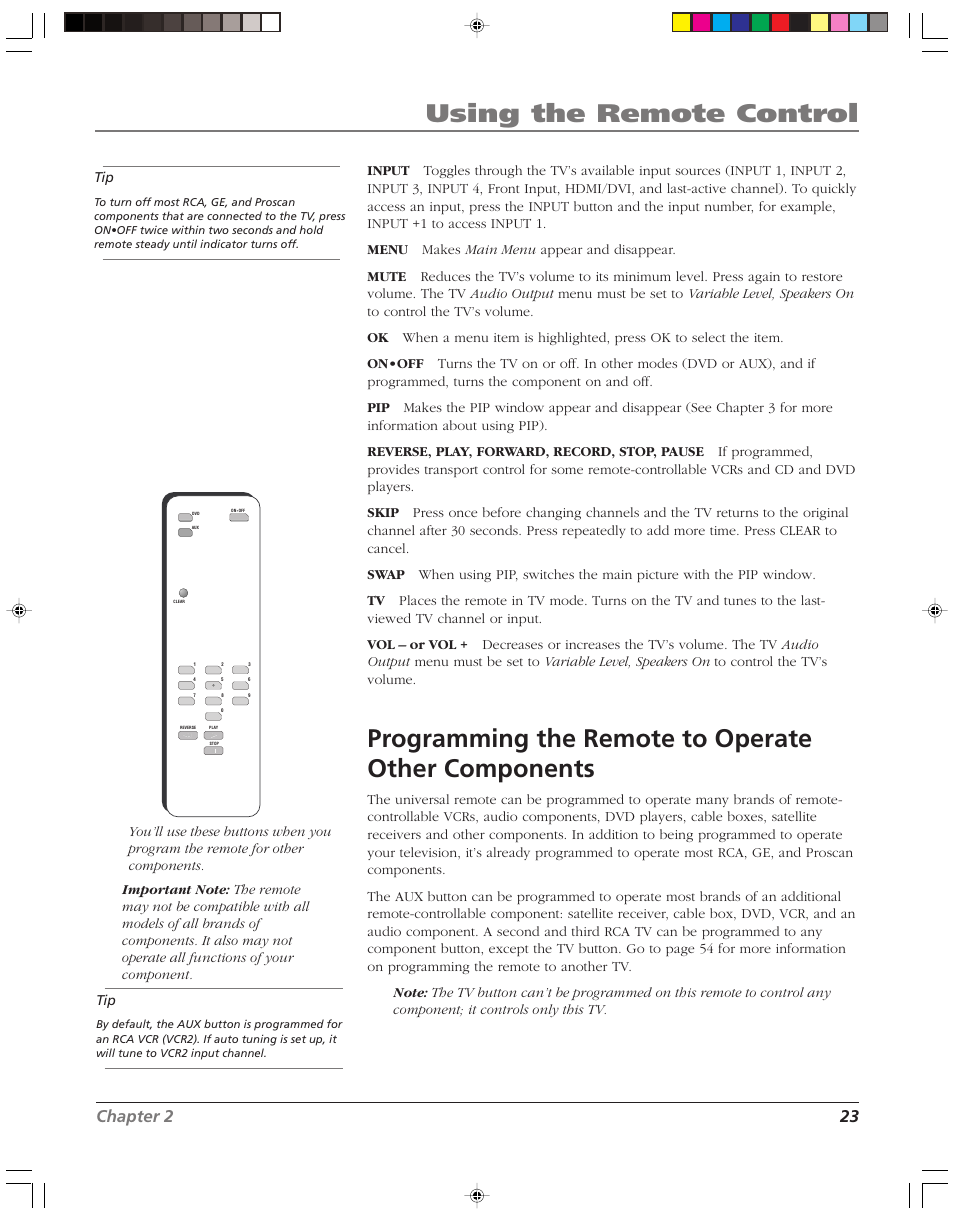 Using the remote control, Programming the remote to operate other components, Chapter 2 23 | RCA HD52W58 User Manual | Page 25 / 80