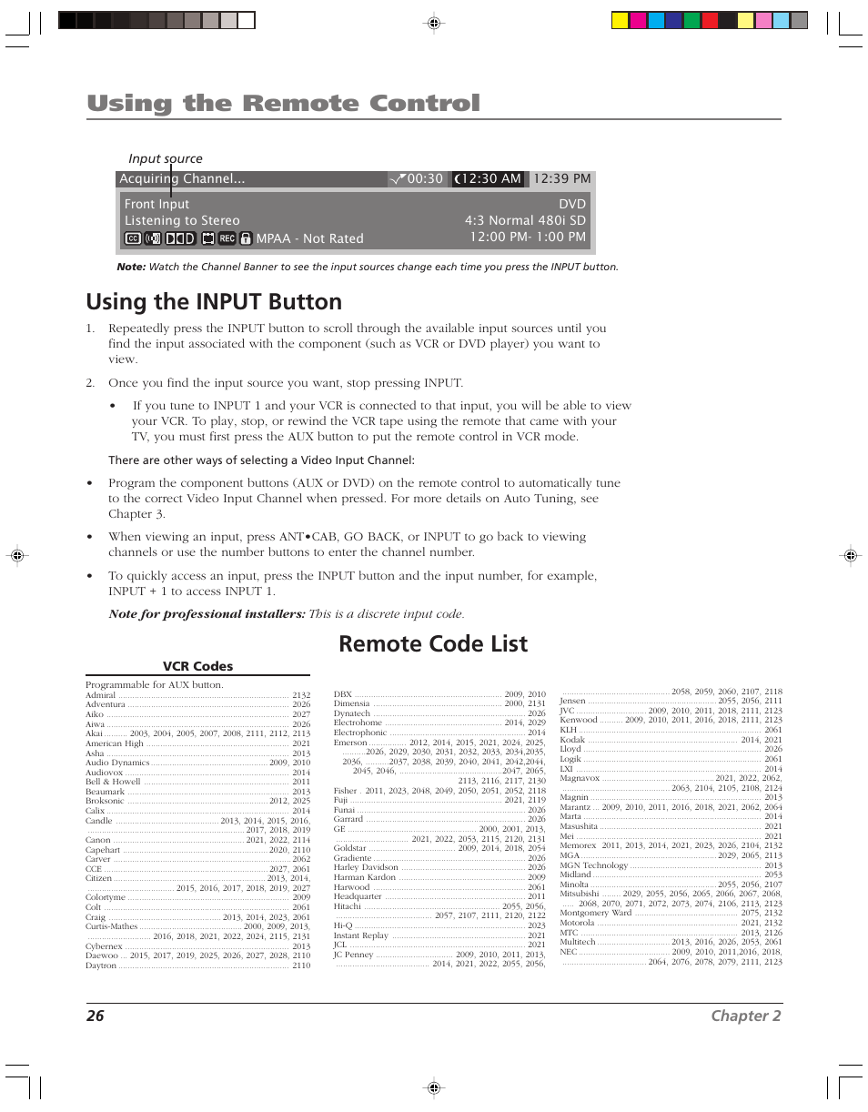 Using the remote control using the input button, Remote code list, 26 chapter 2 | RCA HD52W58 User Manual | Page 28 / 80