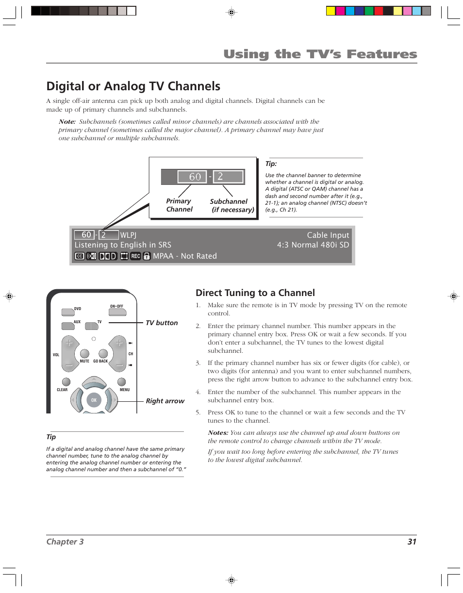 Using the tv’s features, Digital or analog tv channels, Direct tuning to a channel | RCA HD52W58 User Manual | Page 33 / 80