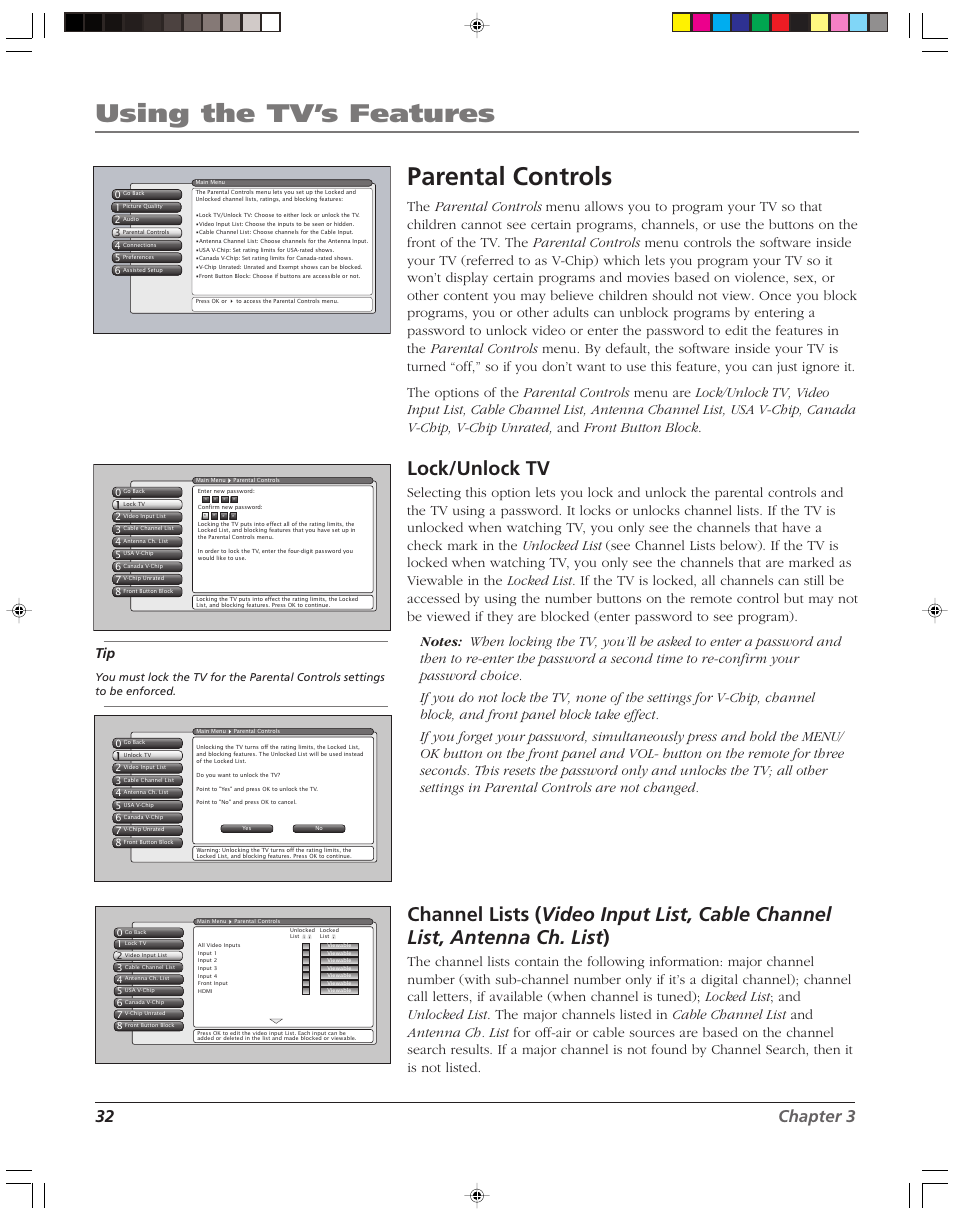 Using the tv’s features, Parental controls, Lock/unlock tv | 32 chapter 3 | RCA HD52W58 User Manual | Page 34 / 80