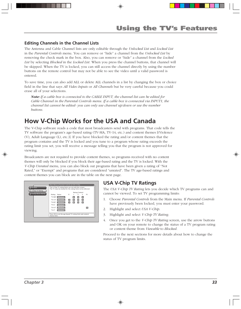 Using the tv’s features, How v-chip works for the usa and canada, Usa v-chip tv ratings | Chapter 3 33 editing channels in the channel lists | RCA HD52W58 User Manual | Page 35 / 80