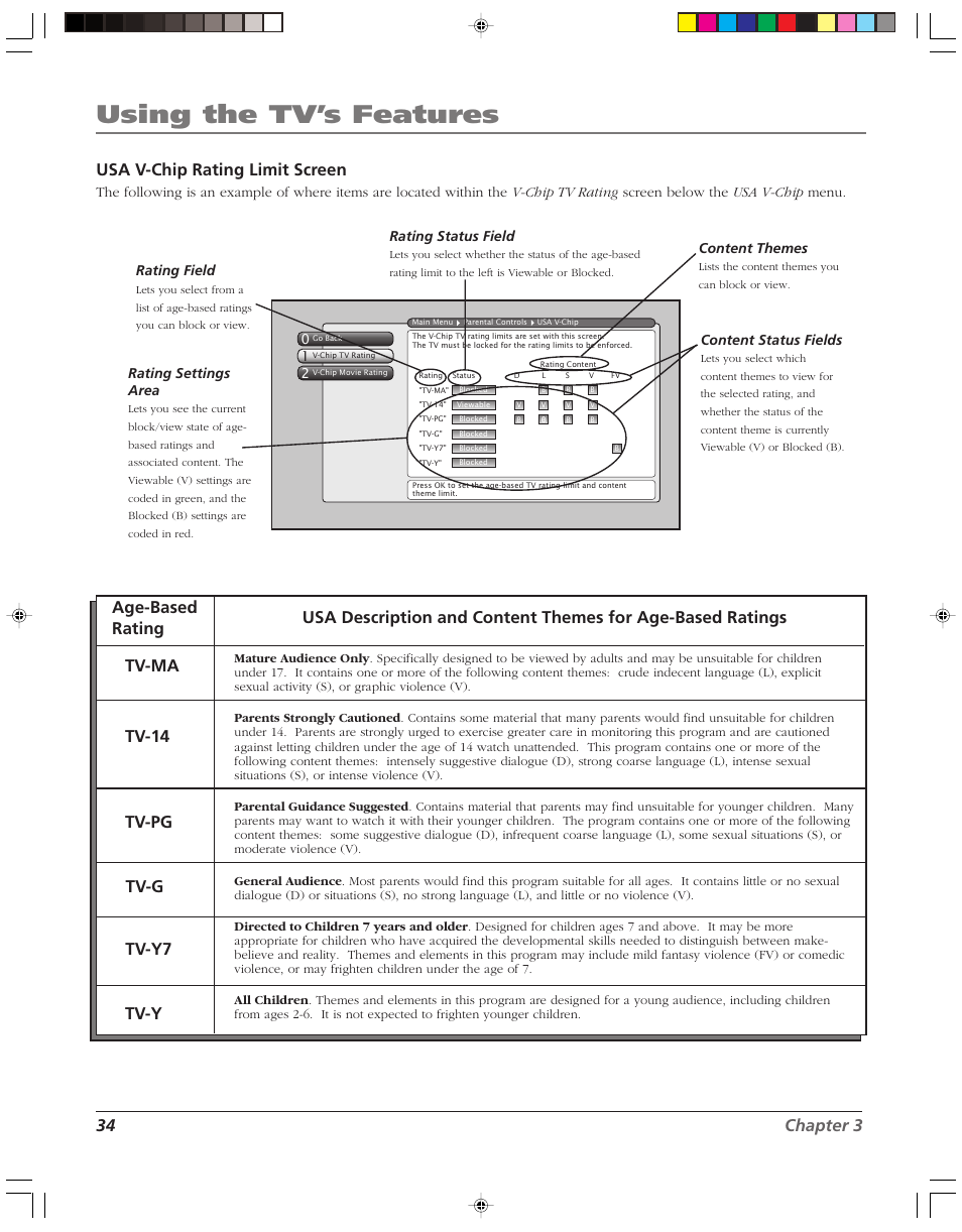 Using the tv’s features, 34 chapter 3, Rating field | Rating status field, Content themes, Content status fields | RCA HD52W58 User Manual | Page 36 / 80