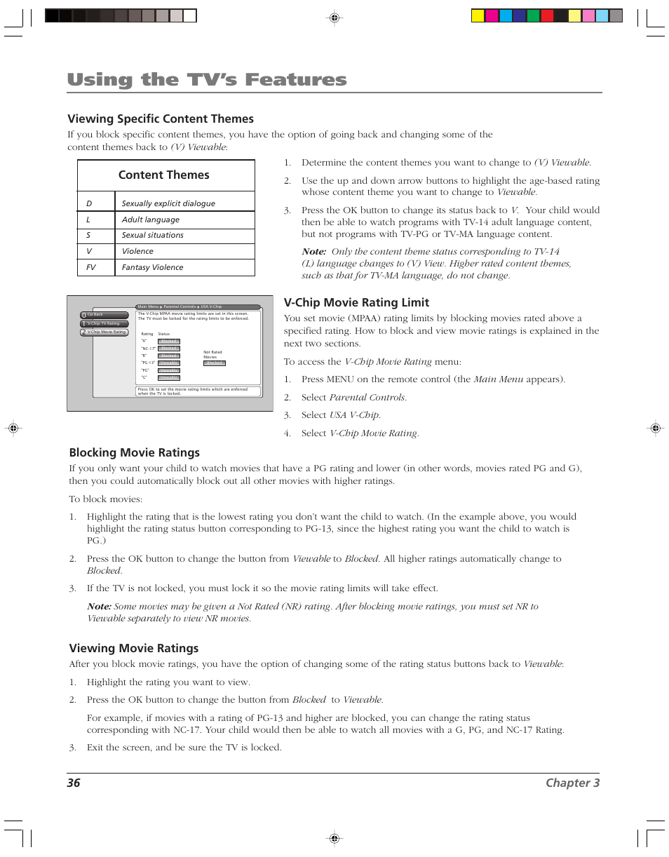 Using the tv’s features, 36 chapter 3 viewing specific content themes, Content themes | V-chip movie rating limit, Blocking movie ratings, Viewing movie ratings | RCA HD52W58 User Manual | Page 38 / 80