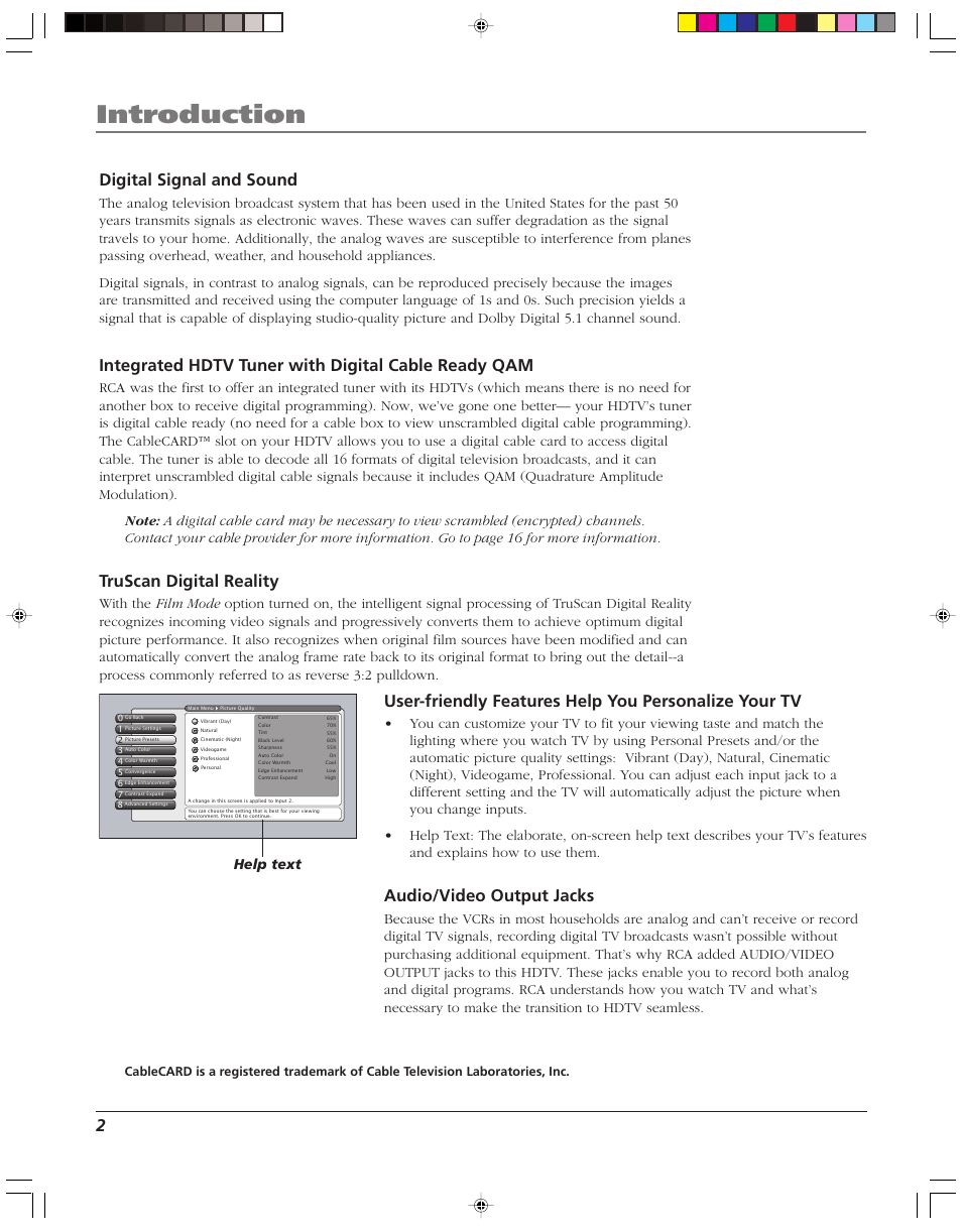 Introduction, Digital signal and sound, Integrated hdtv tuner with digital cable ready qam | Truscan digital reality, Audio/video output jacks, Help text | RCA HD52W58 User Manual | Page 4 / 80