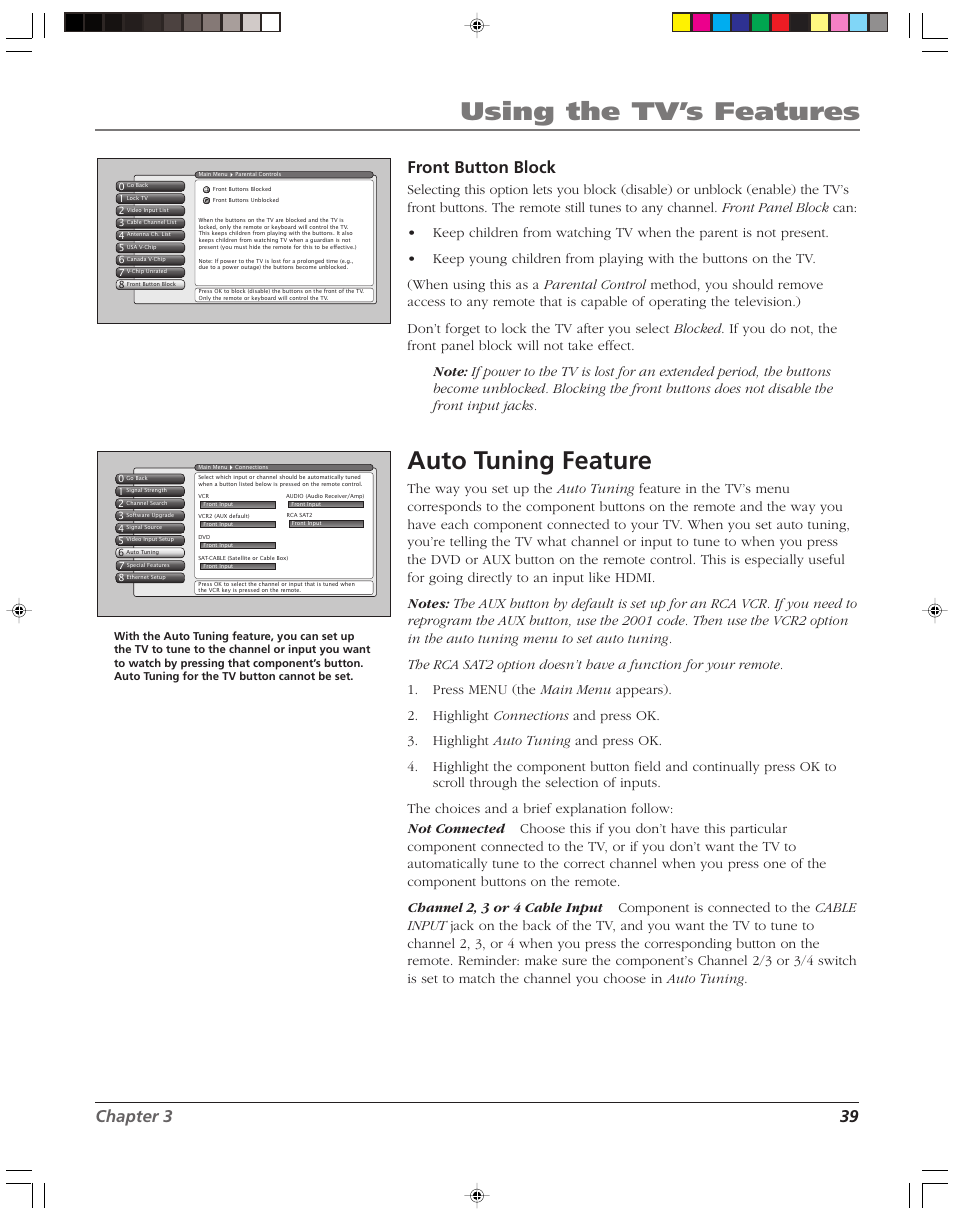 Using the tv’s features, Auto tuning feature, Chapter 3 39 front button block | RCA HD52W58 User Manual | Page 41 / 80