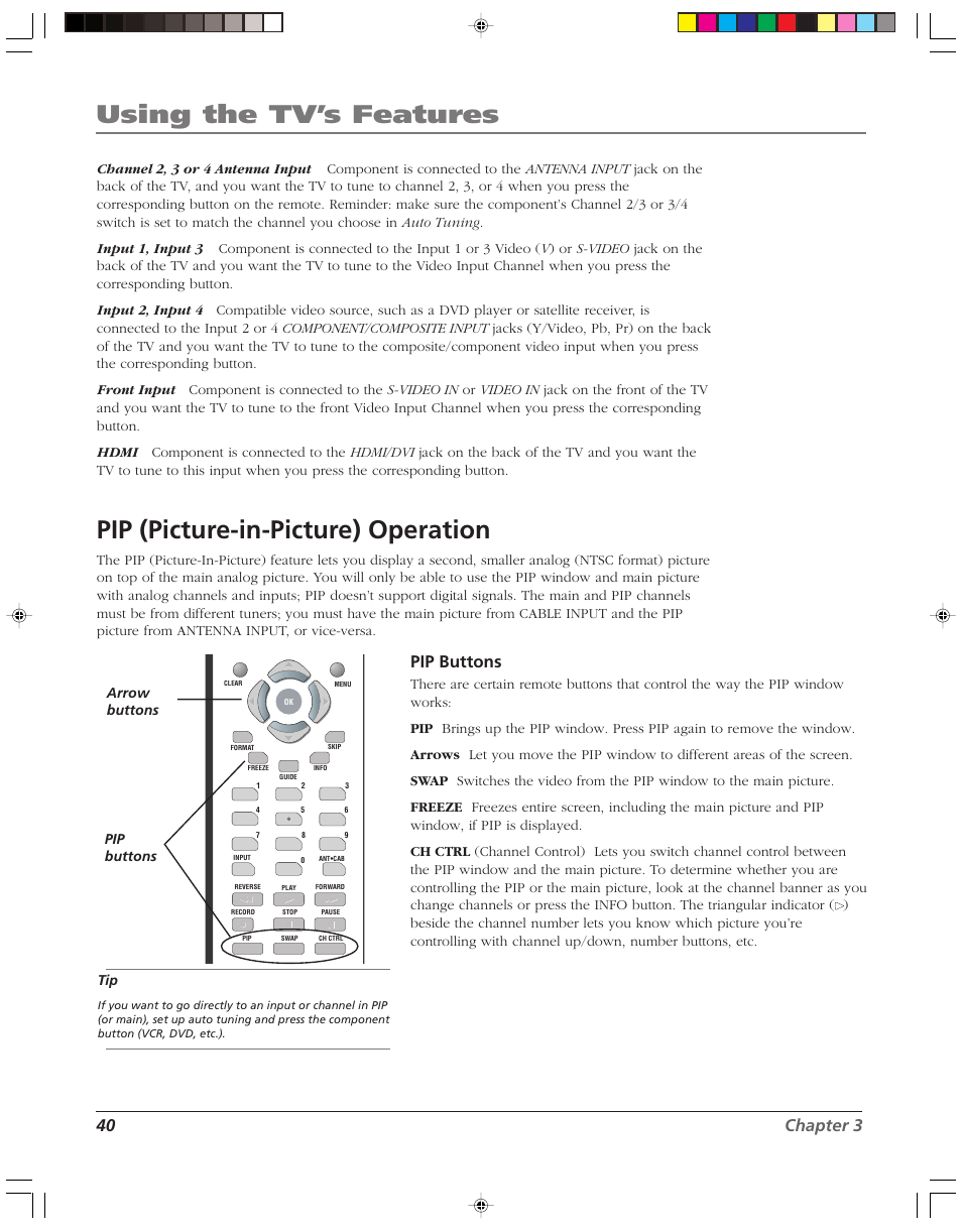 Using the tv’s features, Pip (picture-in-picture) operation, 40 chapter 3 | Pip buttons, Arrow buttons pip buttons | RCA HD52W58 User Manual | Page 42 / 80