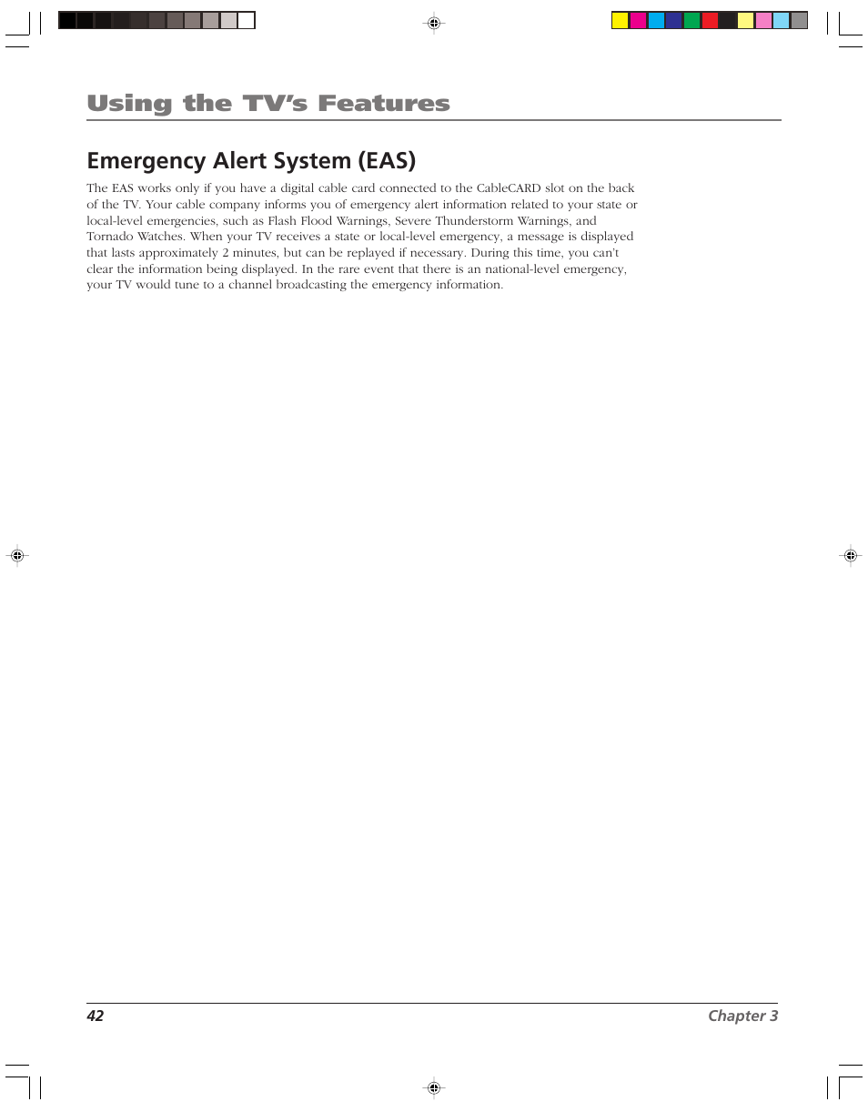 Using the tv’s features, Emergency alert system (eas) | RCA HD52W58 User Manual | Page 44 / 80