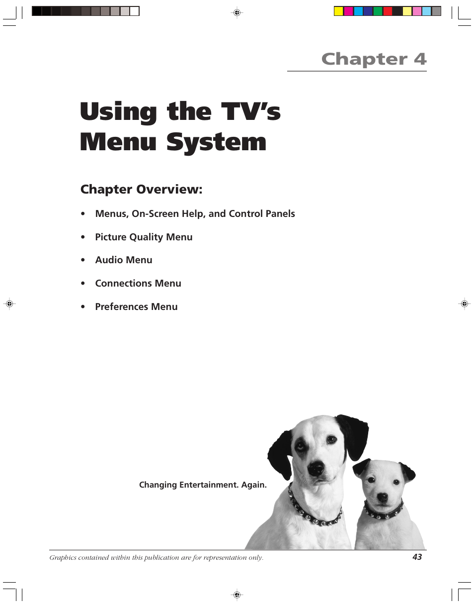 Using the tv’s menu system, Chapter 4, Chapter overview | RCA HD52W58 User Manual | Page 45 / 80