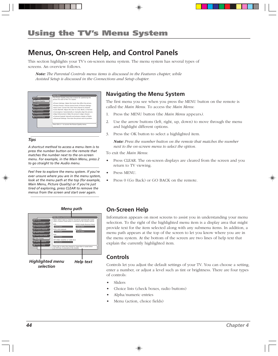 Using the tv’s menu system, Menus, on-screen help, and control panels, Navigating the menu system | On-screen help, Controls, 44 chapter 4, Tips, Menu path help text highlighted menu selection | RCA HD52W58 User Manual | Page 46 / 80