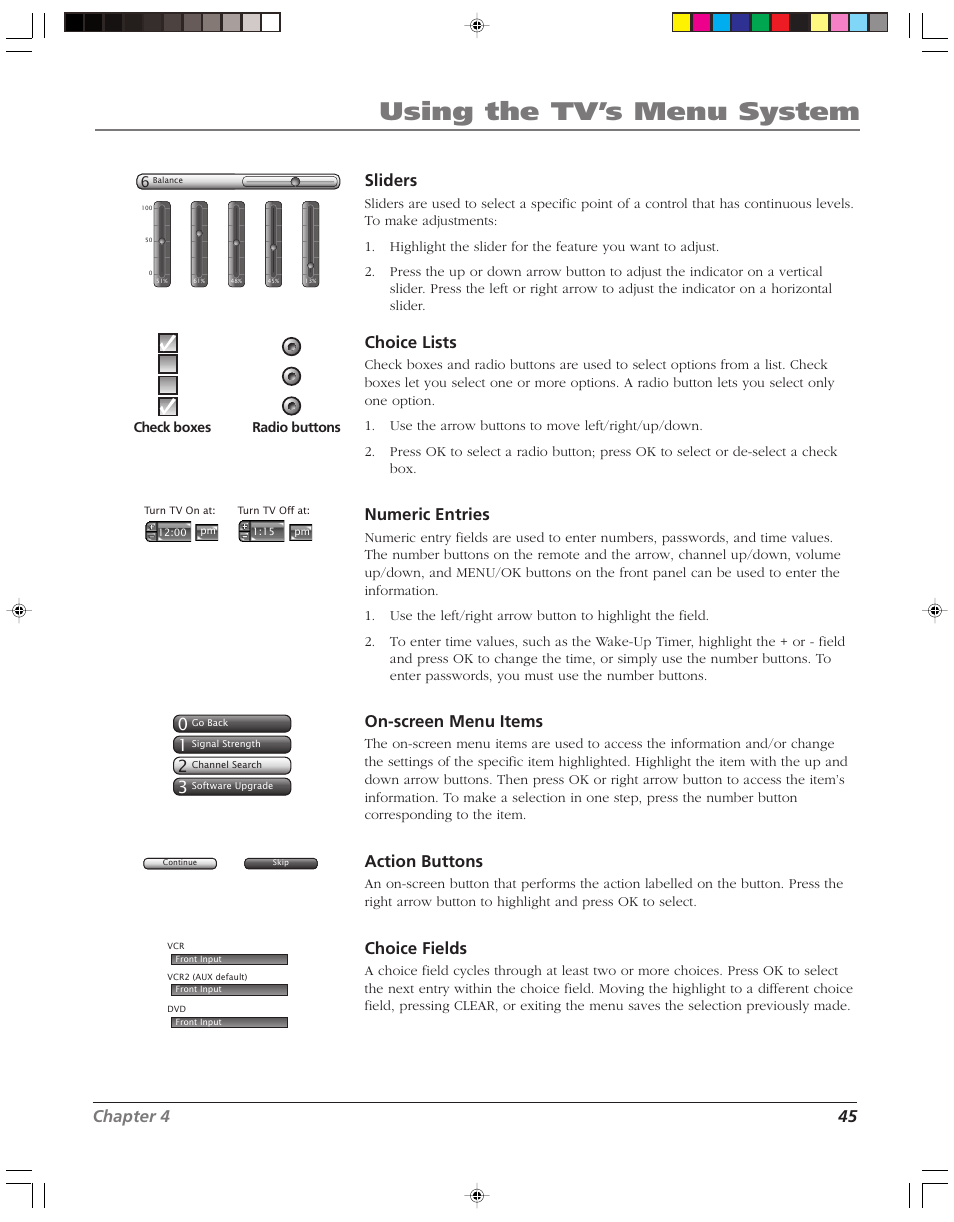 Using the tv’s menu system, Chapter 4 45, Sliders | Choice lists, Numeric entries, On-screen menu items, Action buttons, Choice fields | RCA HD52W58 User Manual | Page 47 / 80