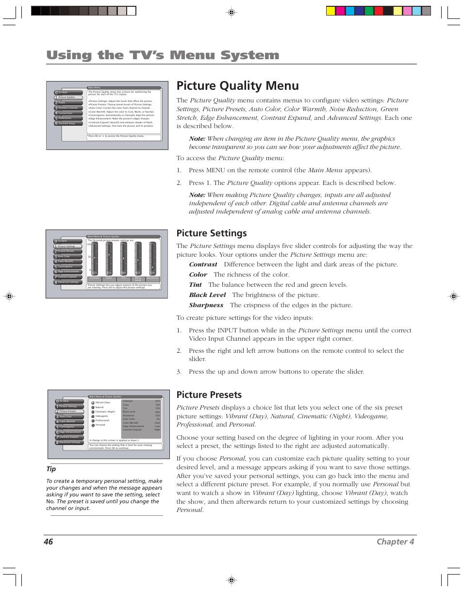 Using the tv’s menu system picture quality menu, Picture settings, Picture presets | 46 chapter 4 | RCA HD52W58 User Manual | Page 48 / 80