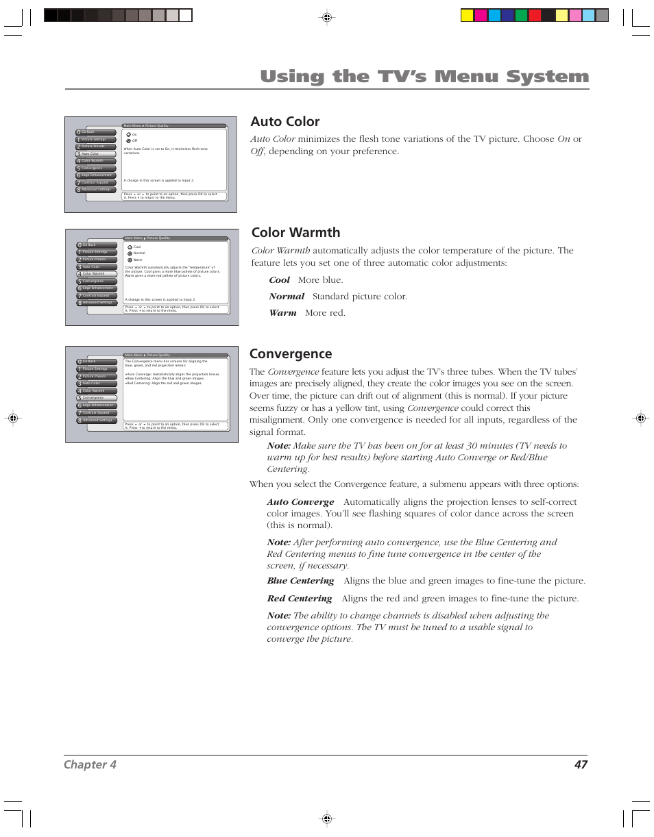 Using the tv’s menu system, Color warmth, Auto color | Convergence, Chapter 4 47 | RCA HD52W58 User Manual | Page 49 / 80