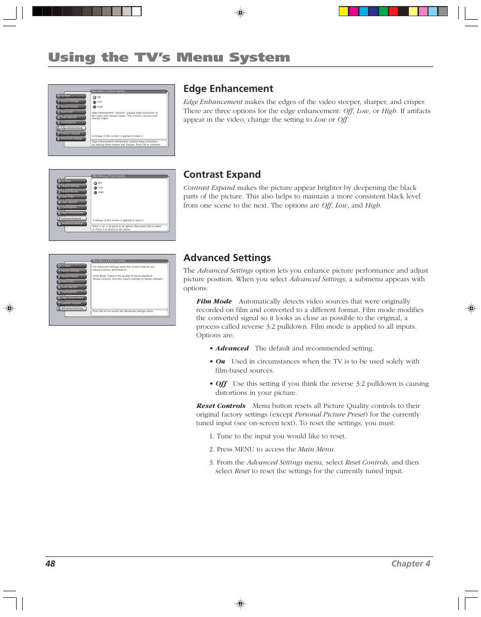 Using the tv’s menu system, Edge enhancement, Contrast expand | Advanced settings, 48 chapter 4 | RCA HD52W58 User Manual | Page 50 / 80