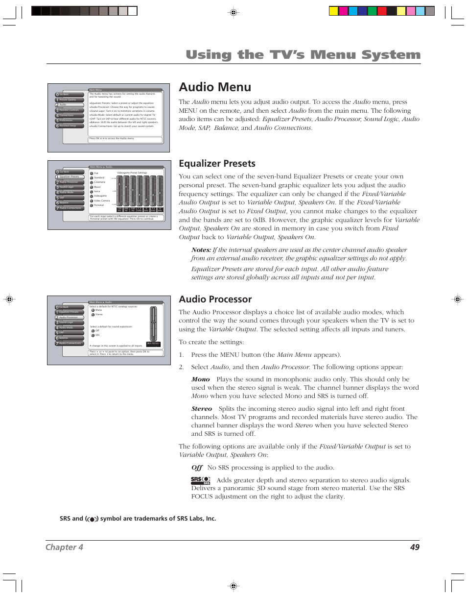 Using the tv’s menu system, Audio menu, Equalizer presets | Audio processor, Chapter 4 49, Srs and ( ) symbol are trademarks of srs labs, inc | RCA HD52W58 User Manual | Page 51 / 80