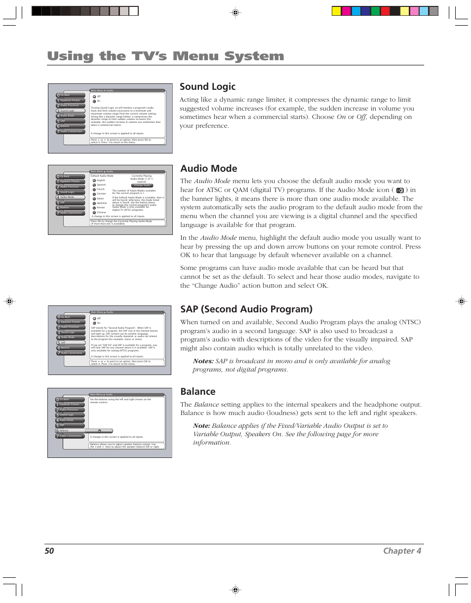 Using the tv’s menu system, Sound logic, Audio mode | Sap (second audio program), Balance, 50 chapter 4 | RCA HD52W58 User Manual | Page 52 / 80