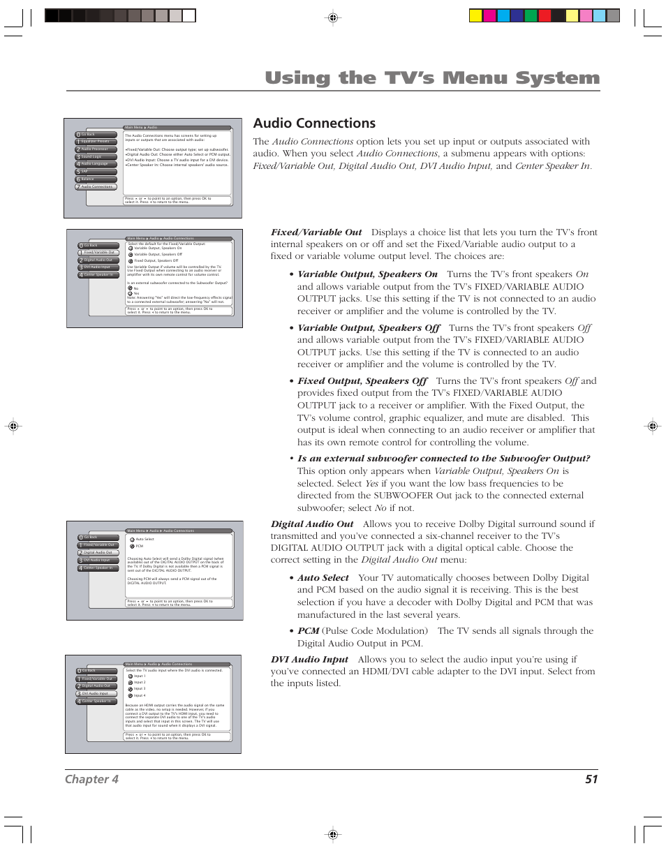 Using the tv’s menu system, Audio connections, Chapter 4 51 | RCA HD52W58 User Manual | Page 53 / 80