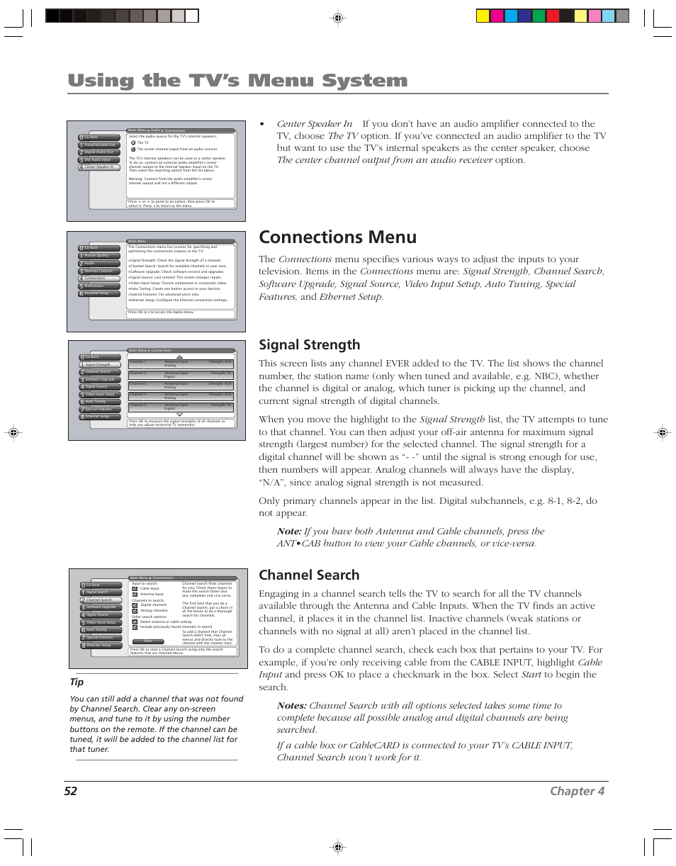 Using the tv’s menu system, Connections menu, Signal strength | Channel search, 52 chapter 4 | RCA HD52W58 User Manual | Page 54 / 80