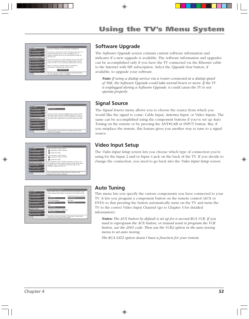 Using the tv’s menu system, Software upgrade, Signal source | Video input setup, Auto tuning, Chapter 4 53 | RCA HD52W58 User Manual | Page 55 / 80