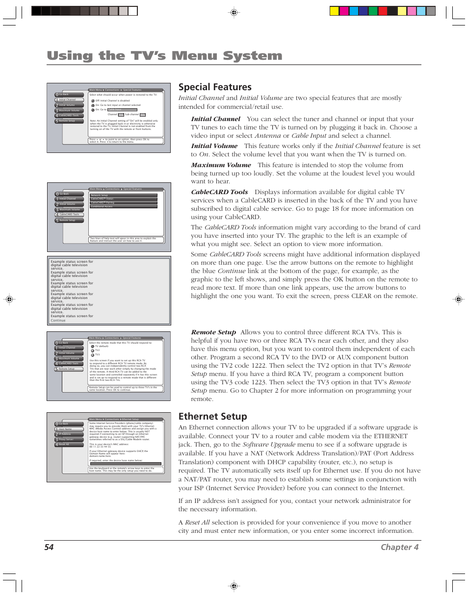 Using the tv’s menu system, Special features, Ethernet setup | 54 chapter 4 | RCA HD52W58 User Manual | Page 56 / 80