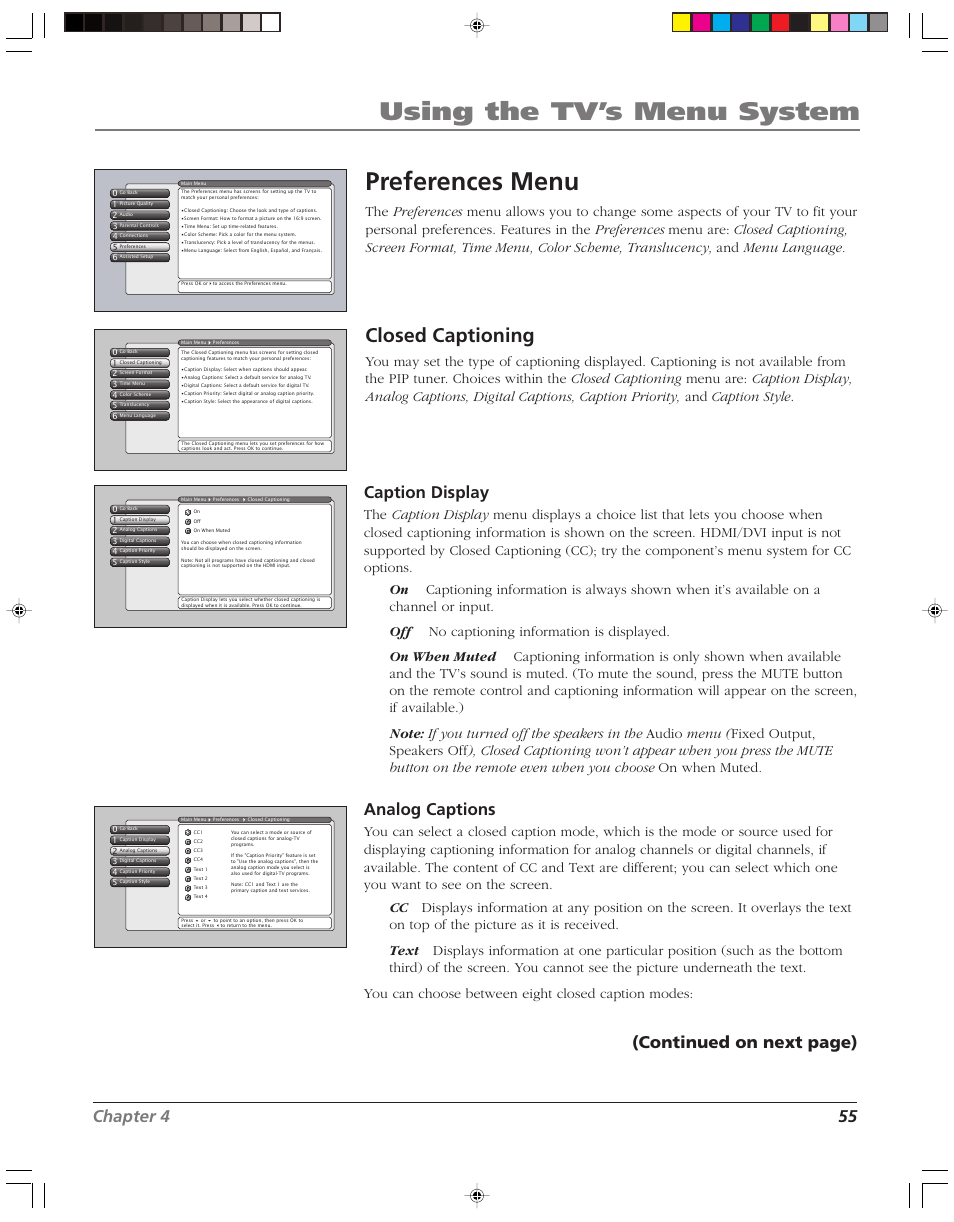 Using the tv’s menu system, Preferences menu, Closed captioning | Chapter 4 55, Caption display, Analog captions, Continued on next page) | RCA HD52W58 User Manual | Page 57 / 80