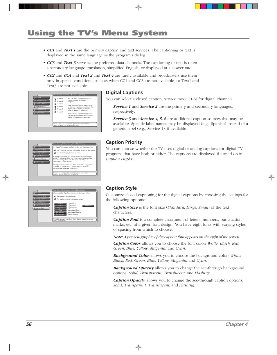 Using the tv’s menu system, 56 chapter 4, Digital captions | Caption priority, Caption style | RCA HD52W58 User Manual | Page 58 / 80