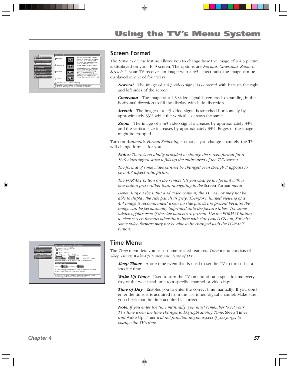 Using the tv’s menu system, Screen format, Time menu | Chapter 4 57 | RCA HD52W58 User Manual | Page 59 / 80