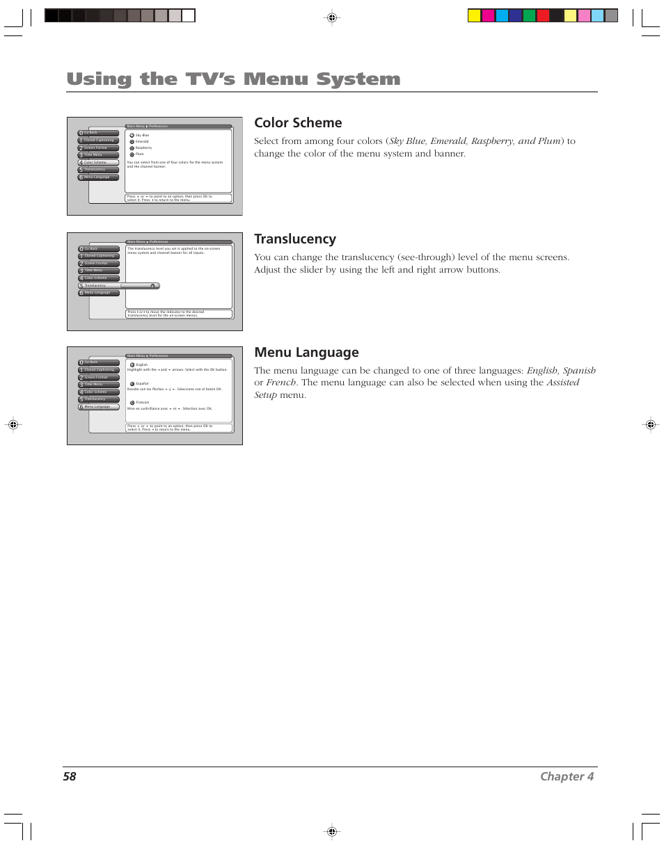 Using the tv’s menu system, Color scheme, Translucency | Menu language, 58 chapter 4 | RCA HD52W58 User Manual | Page 60 / 80