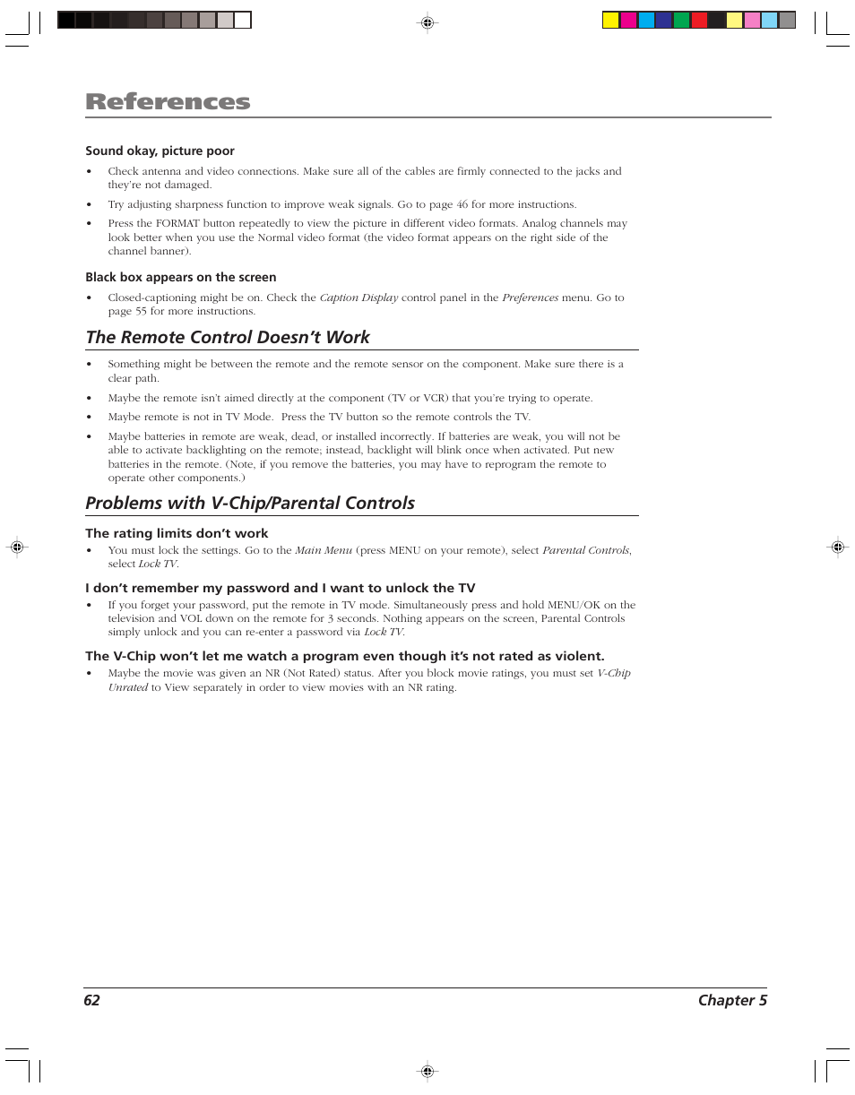 References, The remote control doesn’t work, Problems with v-chip/parental controls | RCA HD52W58 User Manual | Page 64 / 80