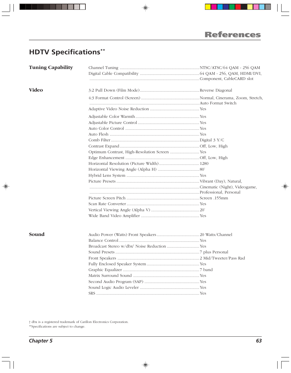 References, Hdtv specifications | RCA HD52W58 User Manual | Page 65 / 80