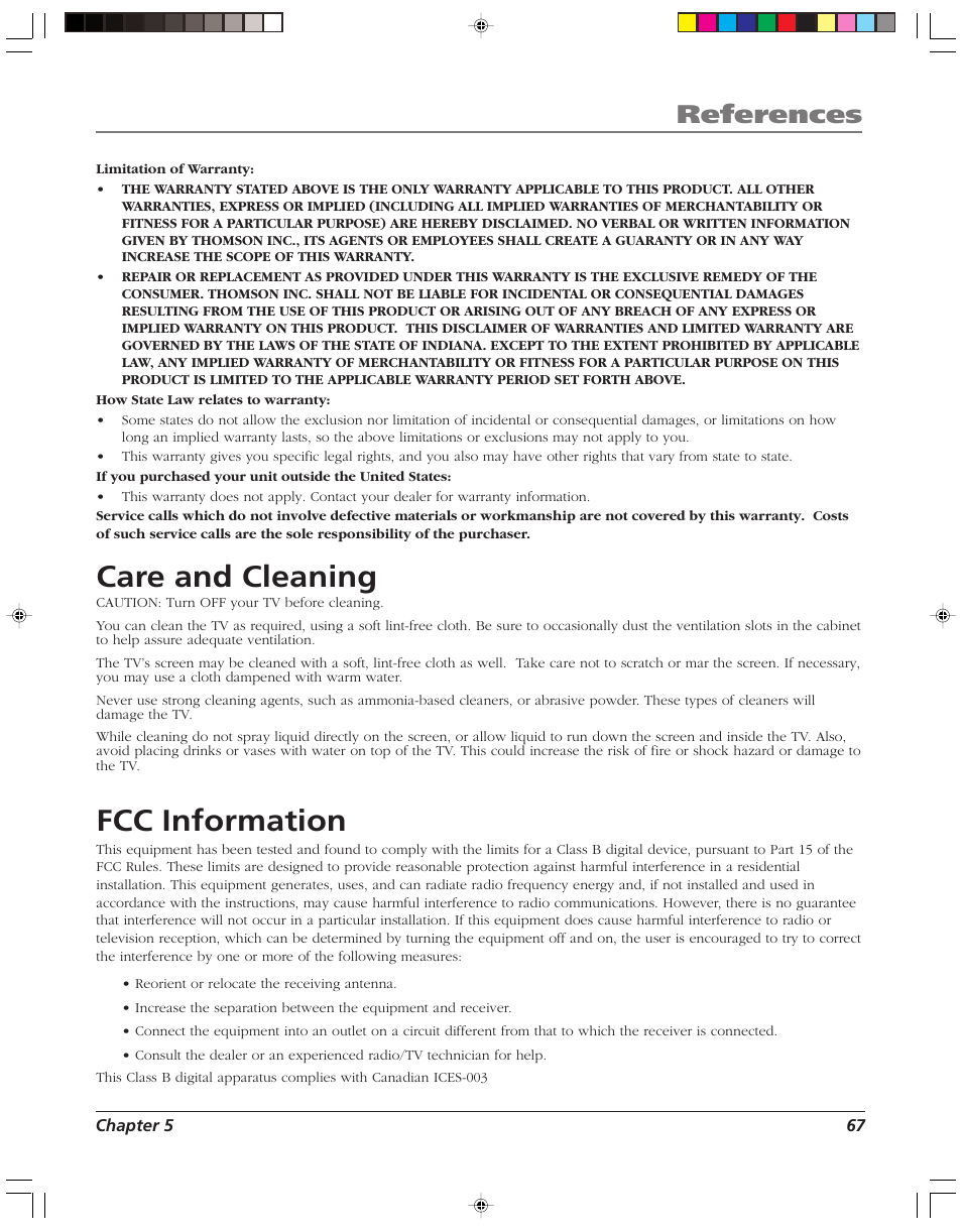 Care and cleaning, Fcc information, References | RCA HD52W58 User Manual | Page 69 / 80