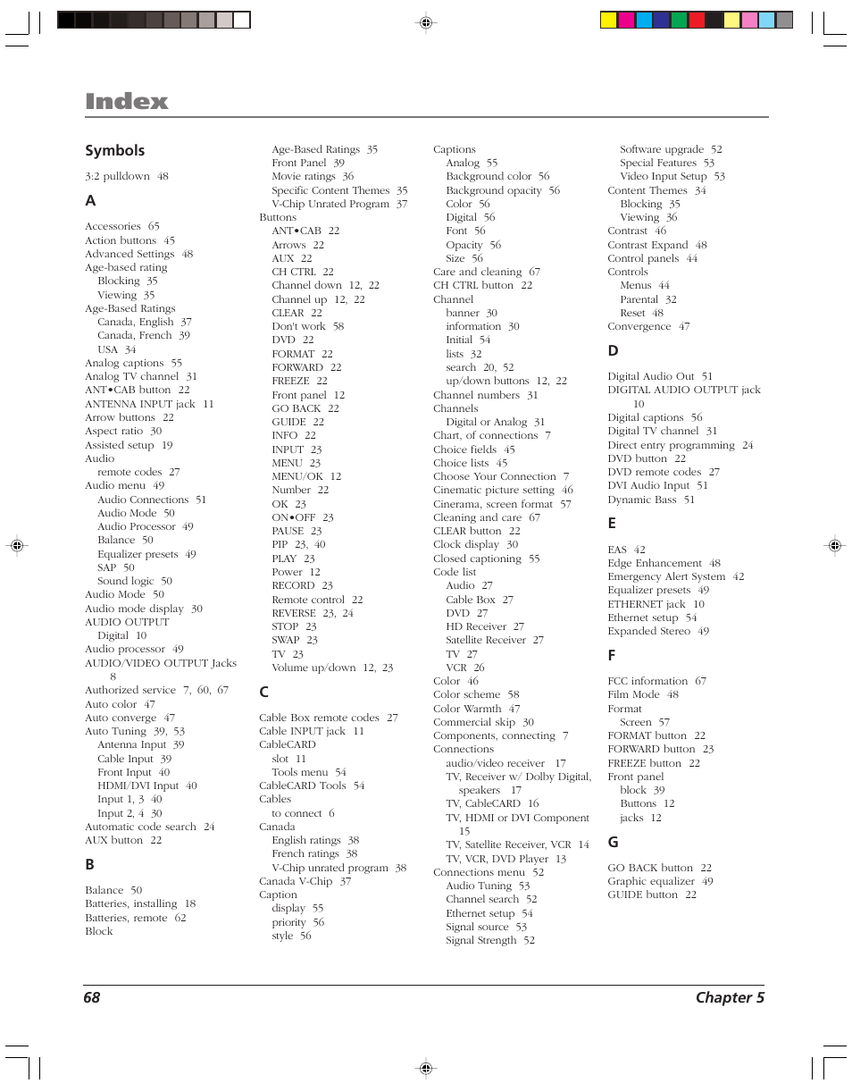 Index | RCA HD52W58 User Manual | Page 70 / 80