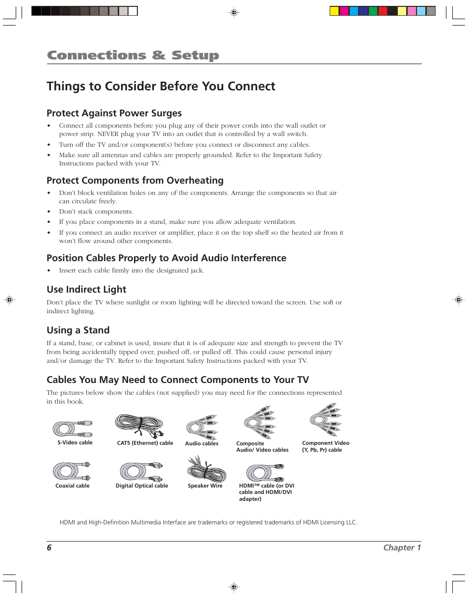 Connections & setup, Things to consider before you connect, Protect against power surges | Protect components from overheating, Use indirect light, Using a stand | RCA HD52W58 User Manual | Page 8 / 80