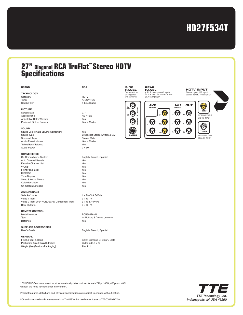 Rca truflat, Stereo hdtv specifications, Diagonal | RCA HD27F534T User Manual | Page 2 / 2