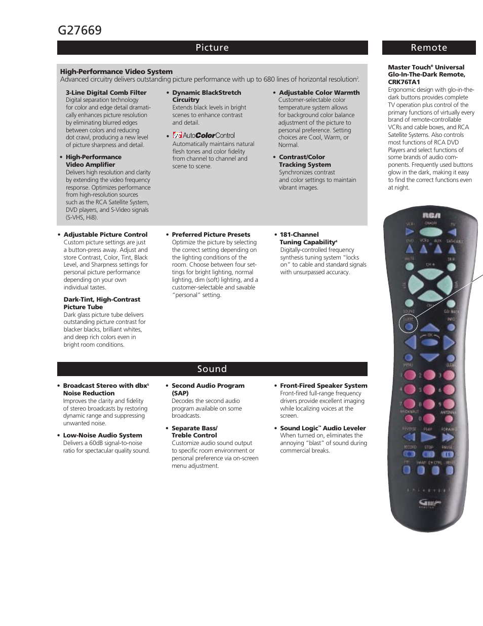 Picture remote sound | RCA G27669 User Manual | Page 2 / 4