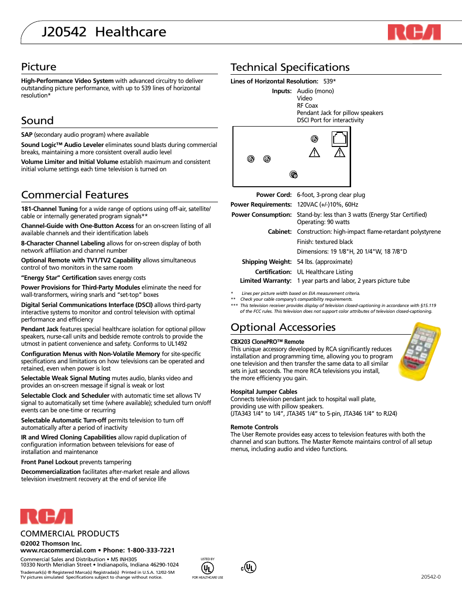 Technical specifications, Optional accessories, Picture | Sound, Commercial features, Commercial products | RCA HEALTHCARE J20542 User Manual | Page 2 / 2