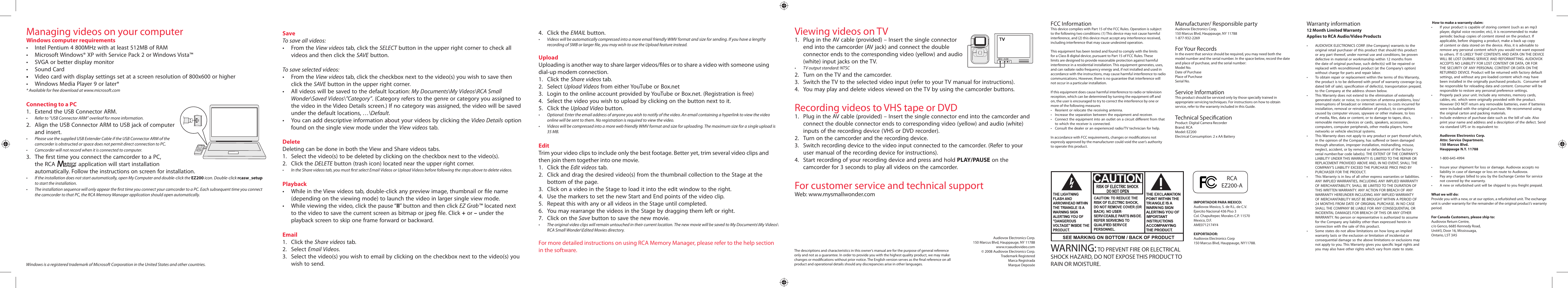 Managing videos on your computer, Viewing videos on tv, Recording videos to vhs tape or dvd | For customer service and technical support, Warning | RCA EZ200 User Manual | Page 2 / 2