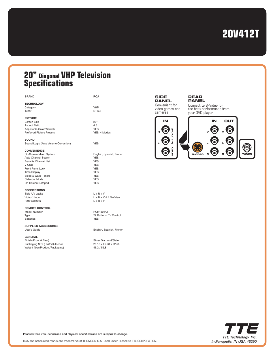Vhp television specifications, Diagonal | RCA 20V412T User Manual | Page 2 / 2
